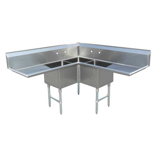 18" x 18" x 14" Three Tub Sink with Two Drain Boards & Corner Sink