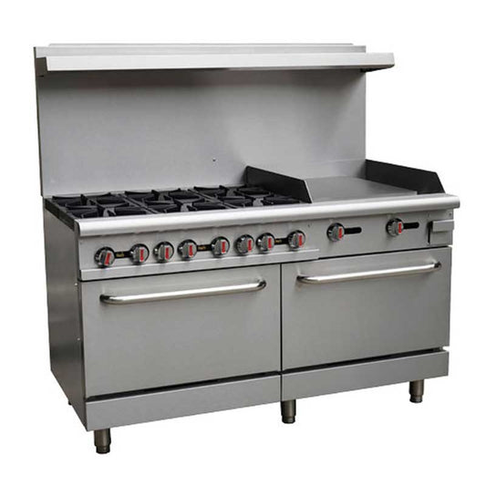 60-Inch Commercial Natural Gas Range with 6 Burners, 24-Inch Griddle, & 2 Ovens