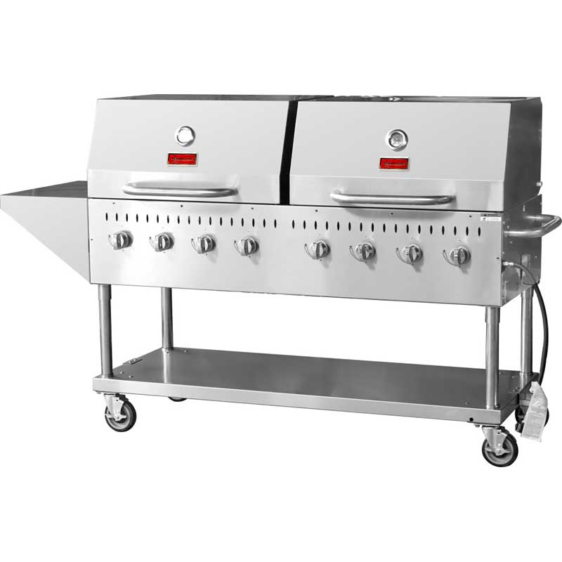 Stainless Steel Propane Outdoor BBQ Grill, 8 Burners, 128000 BTU, Top & Side Shelf, 2 Roll Domes