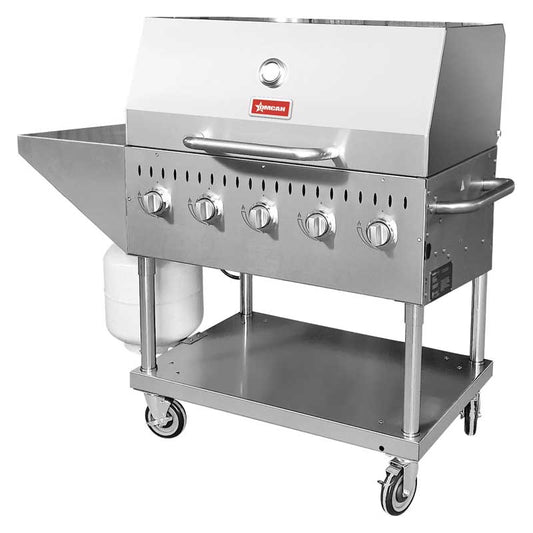 Stainless Steel Propane Outdoor BBQ Grill, 5 Burners, 80000 BTU, Top & Side Shelf, 1 Roll Dome